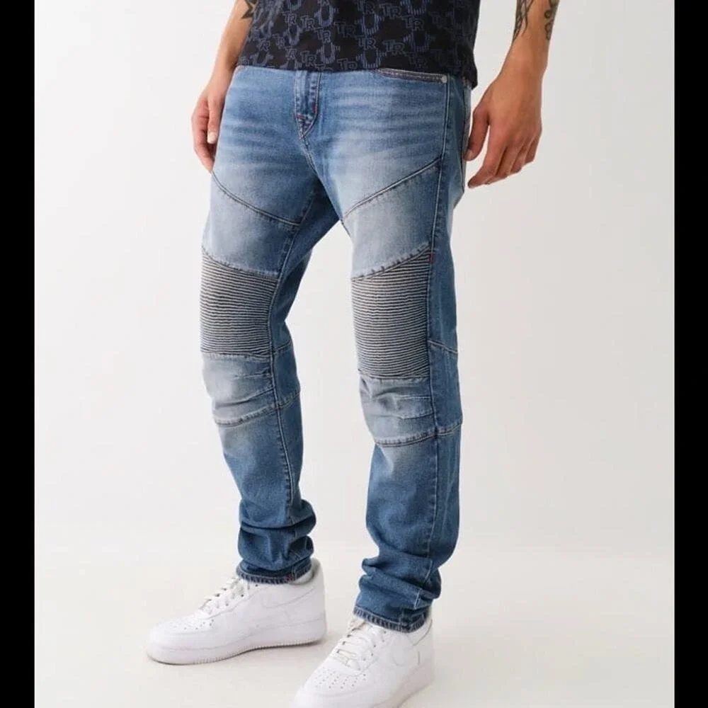 True Religion Rocco Relaxed Skinny Moto Jeans Mens 38 Blue Denim Ribbed Knee
